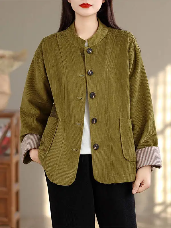 Cardigan rétro en velours côtelé à col montant pour femme, ample et décontracté, grande taille, ouvert avec boutons, assorti à tout, nouvelle collection automne