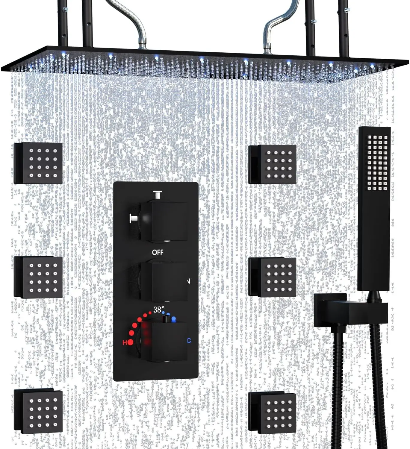 Enga Luxuriöses thermostatisches Regenduschsystem mit 6 Karosseriestrahlen, 32-Zoll-LED-Deckenduschkopf, Ganzkörper-Duscharmatur-Sets