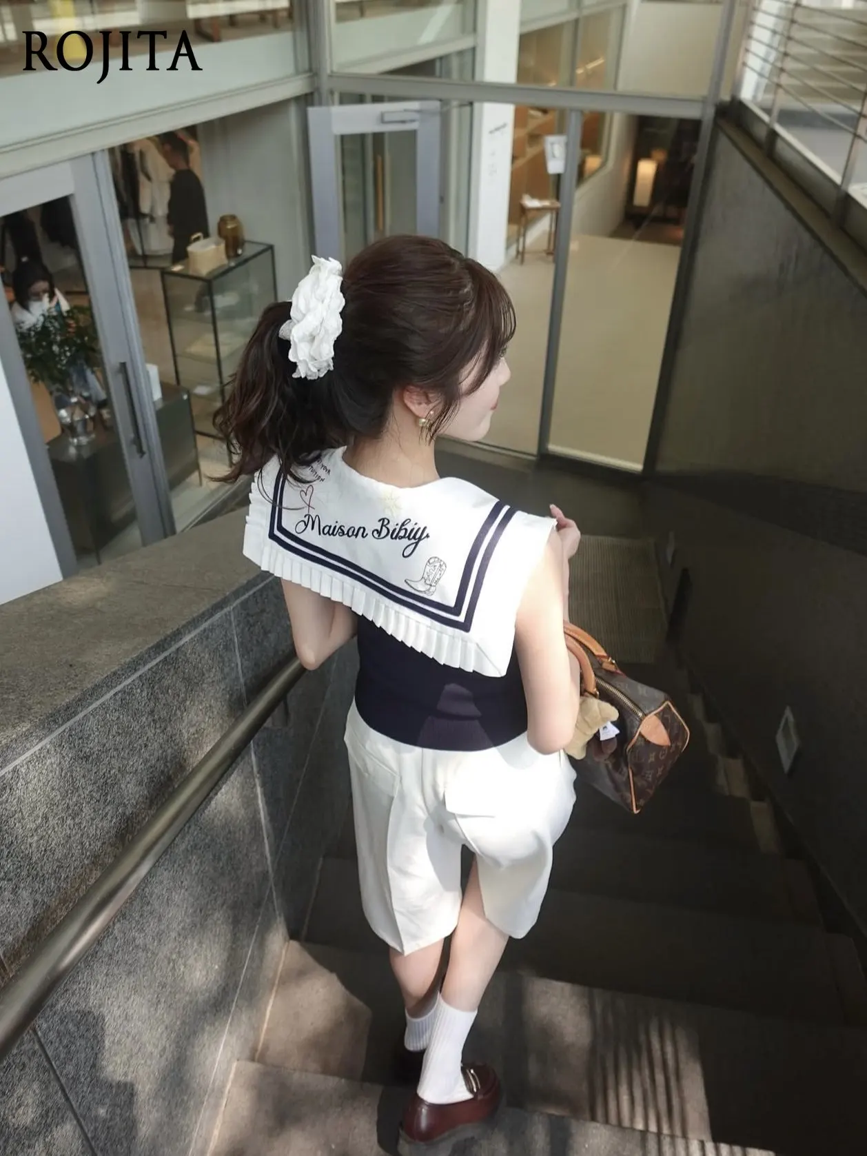 Preppy Y2K Sweet Sleeveless Sailor Collar Blouse Large Pleated Ruffle Contrast Color Cropped Vest Top for Women