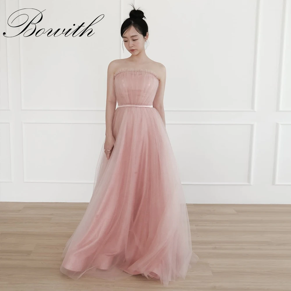 

Bowith Pink Detachable Puff Sleeves Wedding Reception Dresses Soft Tulle A Line Evening Dresses Korea Prom Gowns Formal Dress