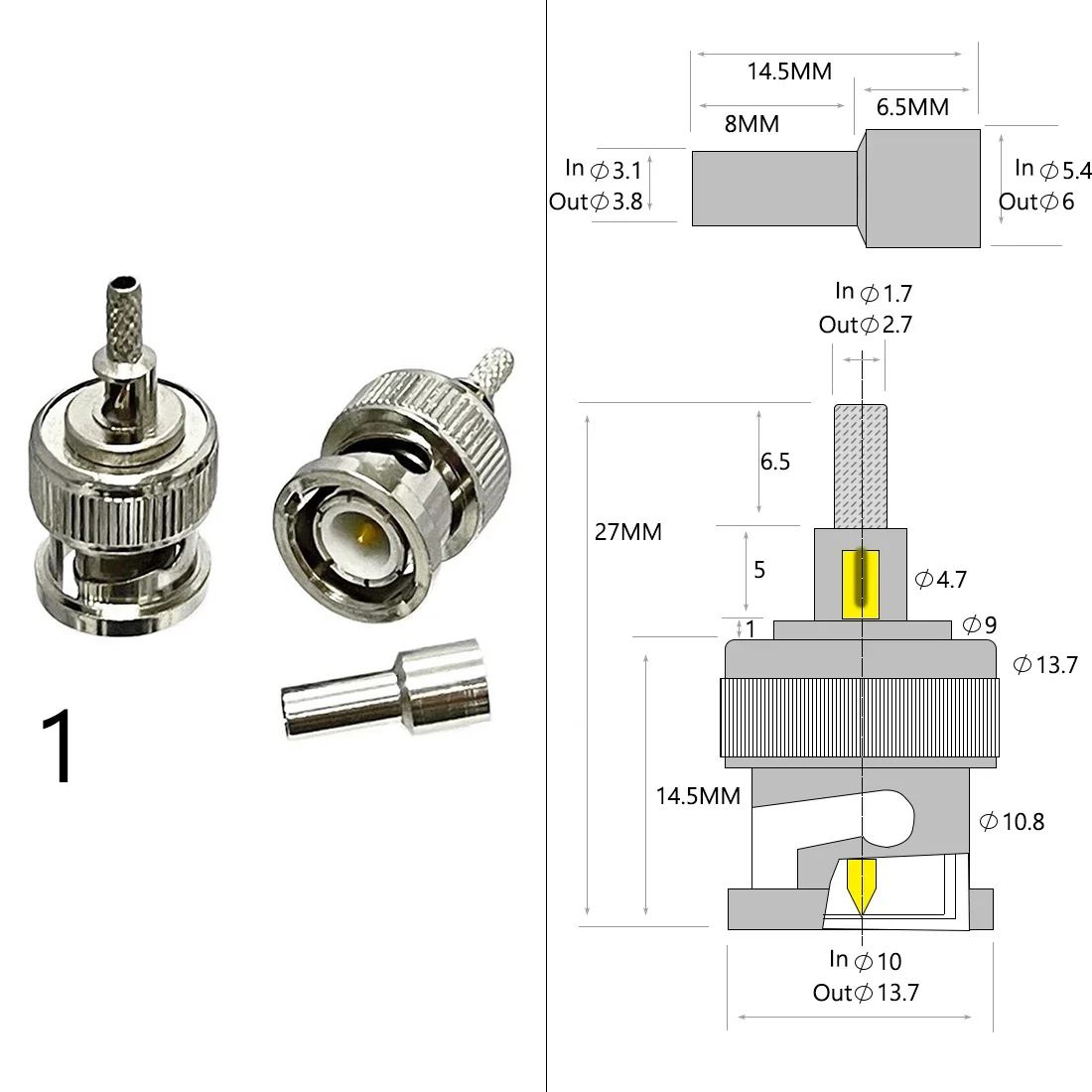 BNC Male Female Plug Jack RF Coax Connector Crimp for RG316 RG174 RG58 RG142 Cable Copper Nickelplated With Drawing NEW