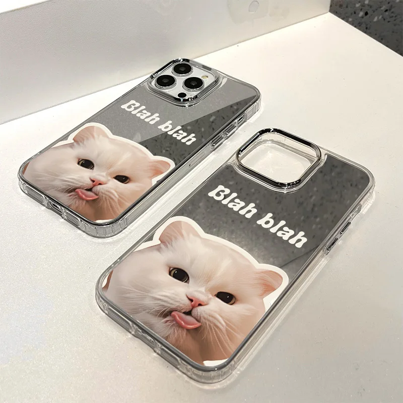 Luxury Make UP Mirror Phone Case For iPhone 17 16 Pro Max 11 13 15 14 12 Air XS XR Cute White Cat Covers Fundas