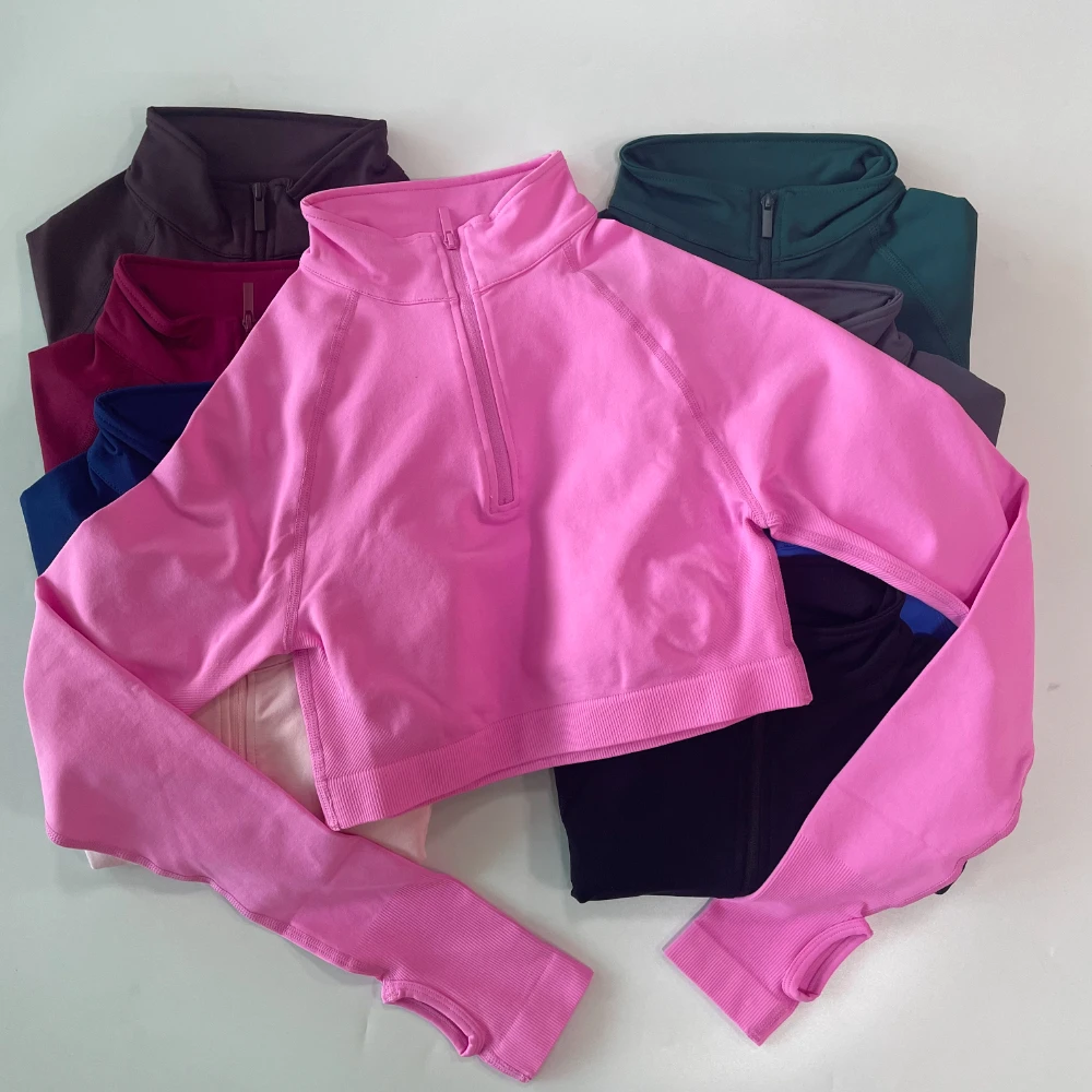 Pericic Crop-Top Yoga-Shirts Damen Langarm Zippy Crop-Top Sport-Oberteile mit Daumenlöchern Fitness Gym-Top Lauf-Workout-Kleidung – Detail 3