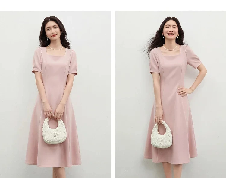SENTUBILA Damen Einfaches A-Linien-Kleid 2026 Sommer Büro Elegantes Kleid mit Quadratischem Ausschnitt und Perlenketten-Detail Kurzarm Q62LI6575X – Detail 23