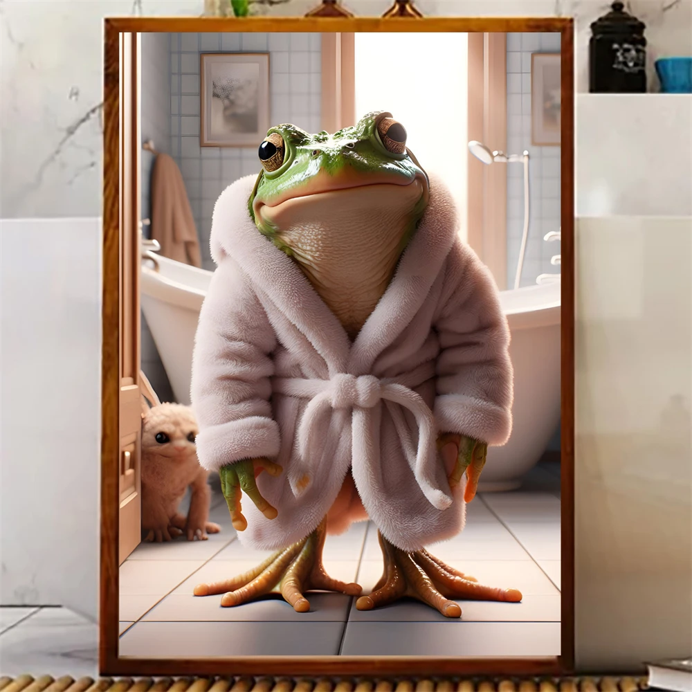 Funny Frog in Bathrobe Art Print Bathroom Wall Decor Canvas Painting Cute Frog in Bathrobe Art Poster Toilet Wall Art Decor