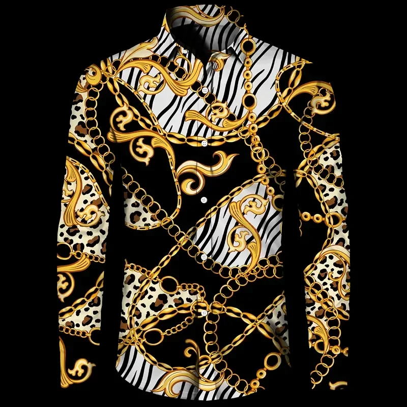 New social party fashion luxury gold print men\'s shirt Baroque style long sleeved lapel button up top Hawaii