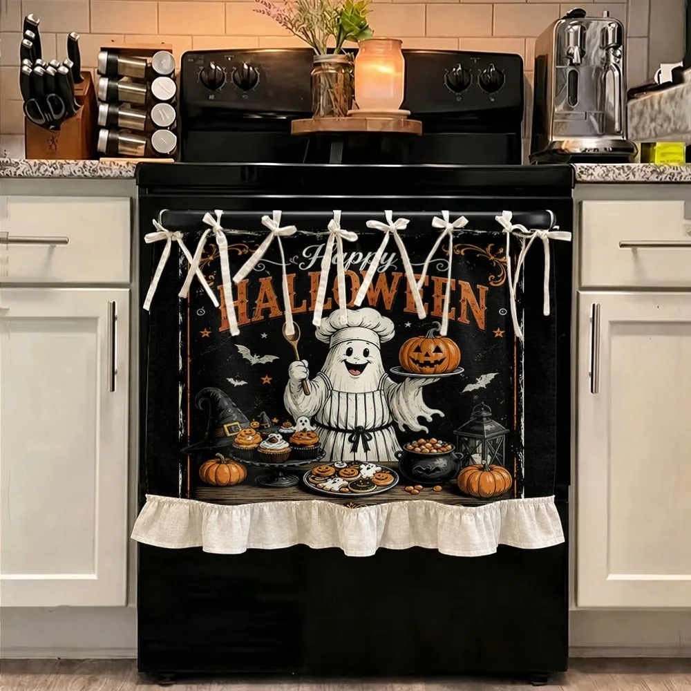 Seasonal Halloween Tie Oven Cover Curtain Pastoral Style Pumpkin Ghost Kitchen Stove Cover Skirt Handmade Farmhouse