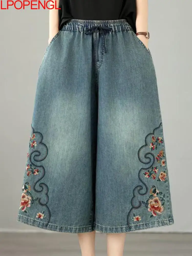 

2026 Summer New Ethnic Style Embroidered Flower Loose Lace Straight Wide Leg Pants Woman Vintage Drawstring Calf-length Jeans