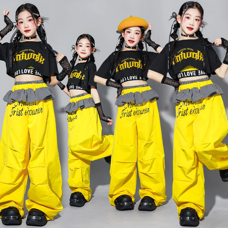 Girls Jazz Hip Hop Dance Clothes Summer Short Sleeves Crop Tops Brown Cargo Pants Modern Dance Practice Performance Outfit
