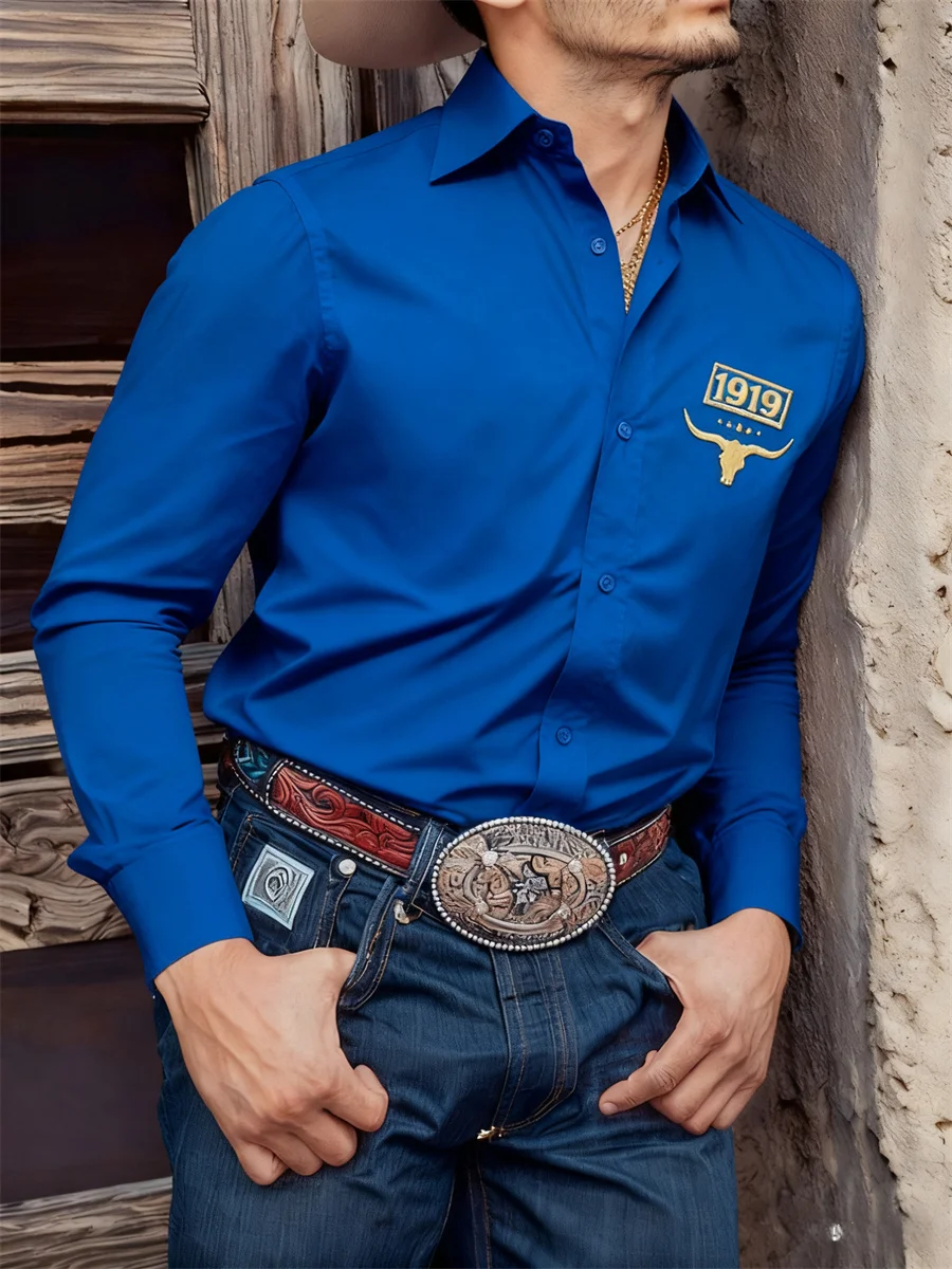 Men's Black Long-Sleeved Shirt, Western Style Retro Bull Head 3D Print Casual Shirt, Comfortable Men's Everyday Commuting Top.
