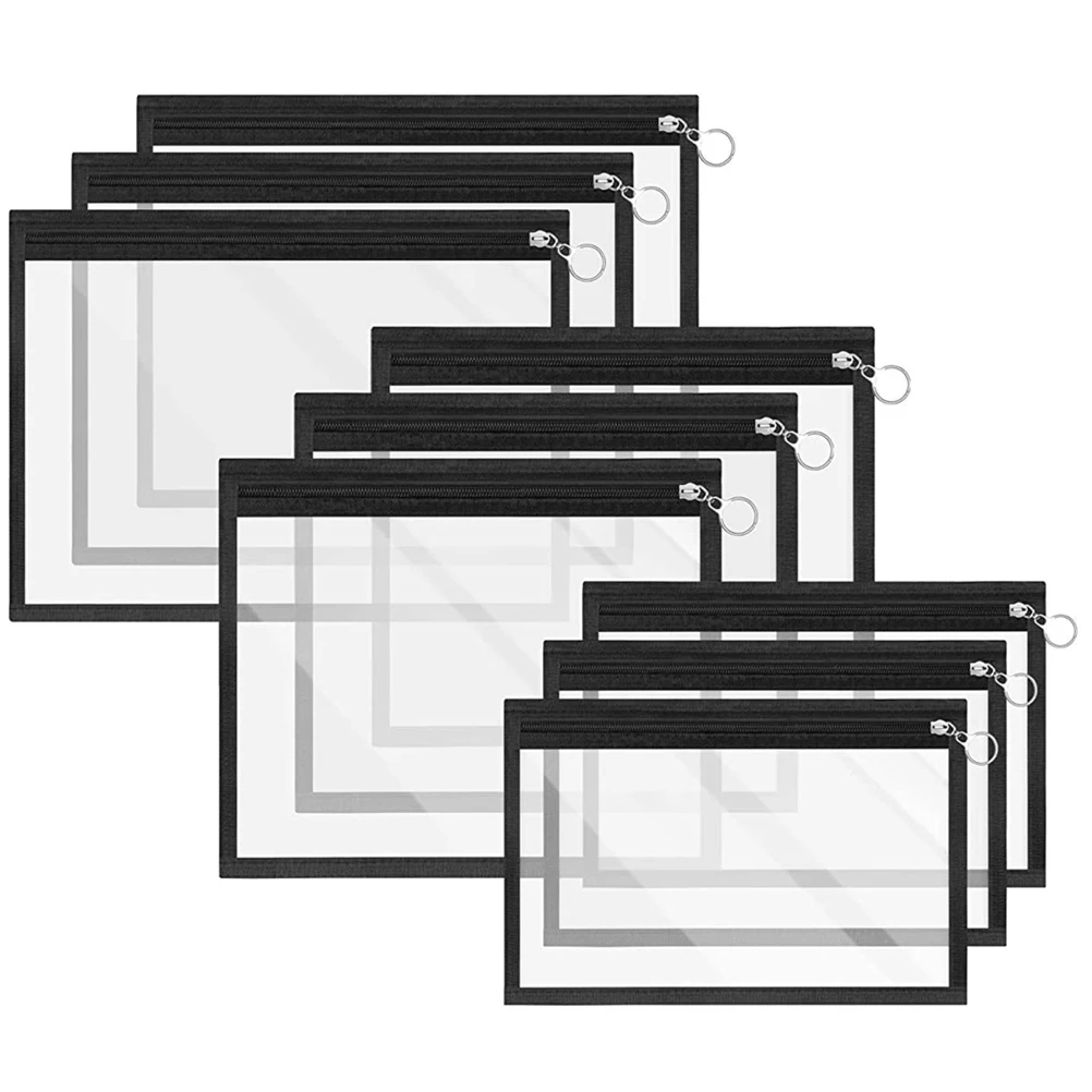 

9pcs PVC Pencil Bag 3 Sizes Black Transparent Large Capacity Pen Case for Students Travel Storage School Stationery