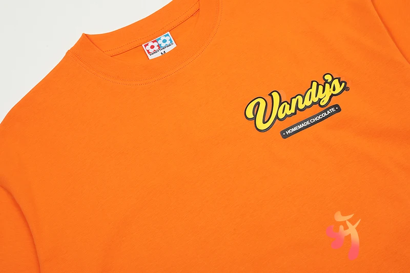 VANDYTHEPINK-قمصان قطنية للرجال والنساء ، قمم برتقالية ، فطيرة شوكولاتة ، حروف كرتونية ، أكمام قصيرة ، ملابس خروج فضفاضة كاجوال ، 24ss