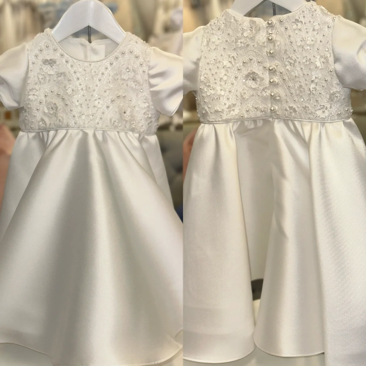 

Soft Satin Baby Girl Christening Gowns Lace Appliques Pearls Girls Baptism Dress Newborn Kids Birthday First Communion Dress