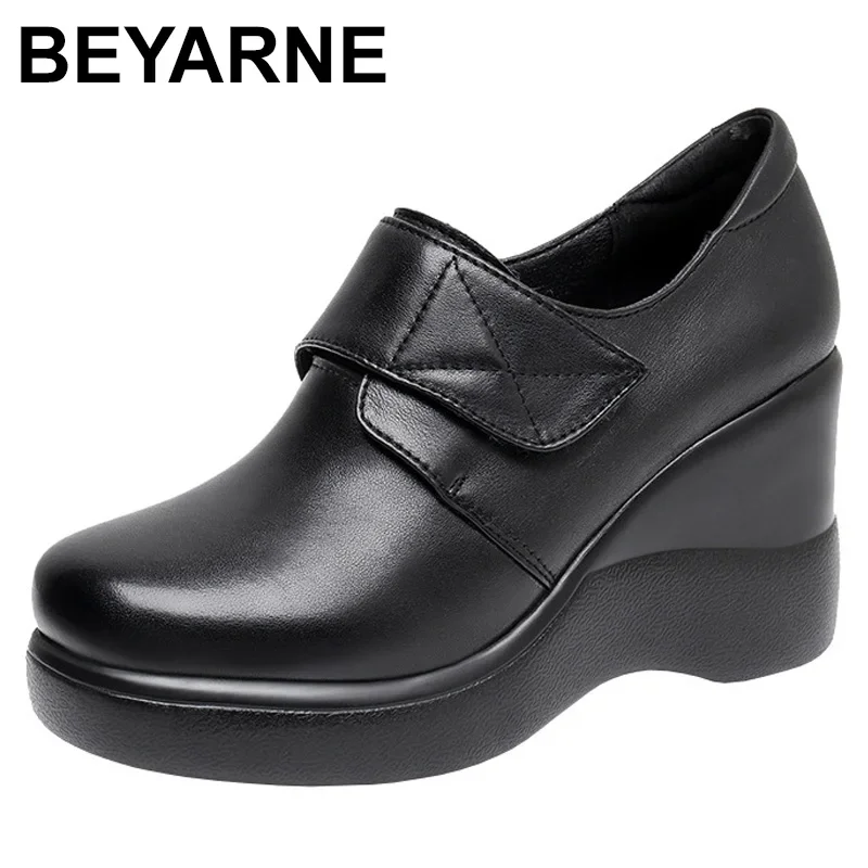 2024 New Deep Mouth Genuine Leather Shoes Platform Wedges Shoes Woman Large Size Autumn Winter Shoes Elegant Black