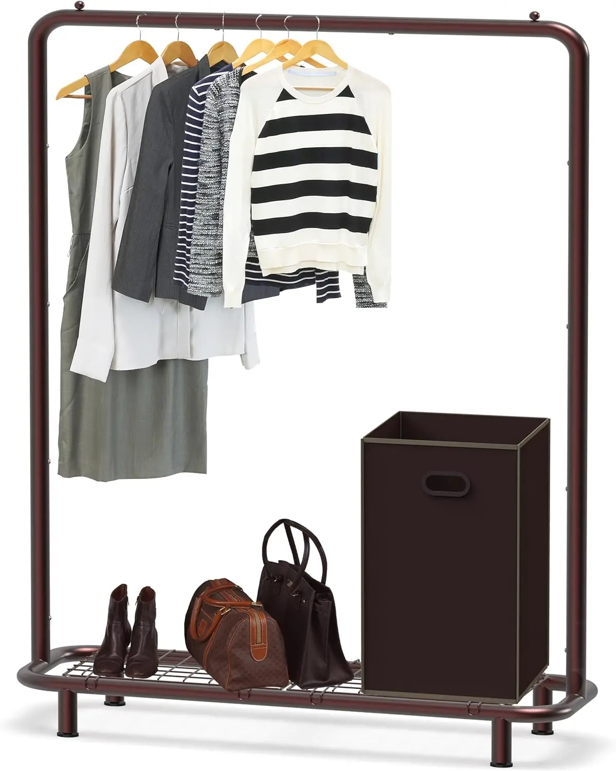 

Промышленная бронзовая вешалка для одежды с полками, прочная металлическая конструкция для современного домашнего хранения вещей