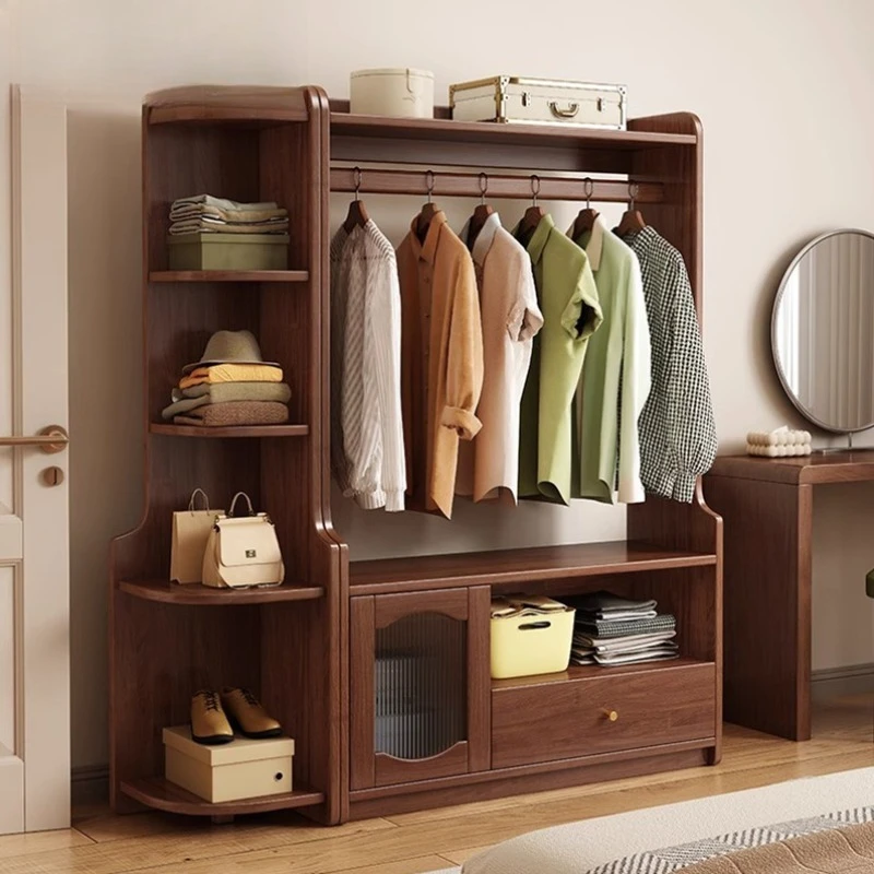 Solid wood coat rack integrated storage cabinet combination shelf rubber wood multi-functional indoor hanger