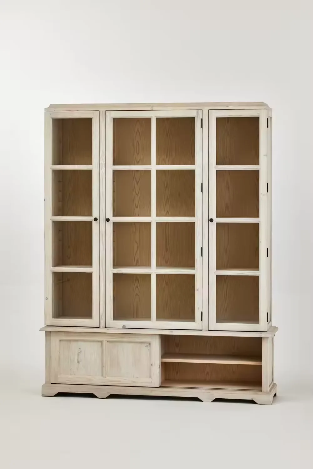 ！@American Solid Wood Side Cabinet Recycled Pine Glass Display Storage Cabinet Wood Living Room Furniture