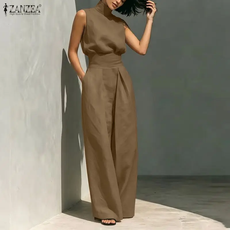 

ZANZEA Fashion Women Sleeveless Jumpsuits Summer Wide Leg Trousers Solid OL Work Overalls Pants High Elastic Waist Rompers 2026