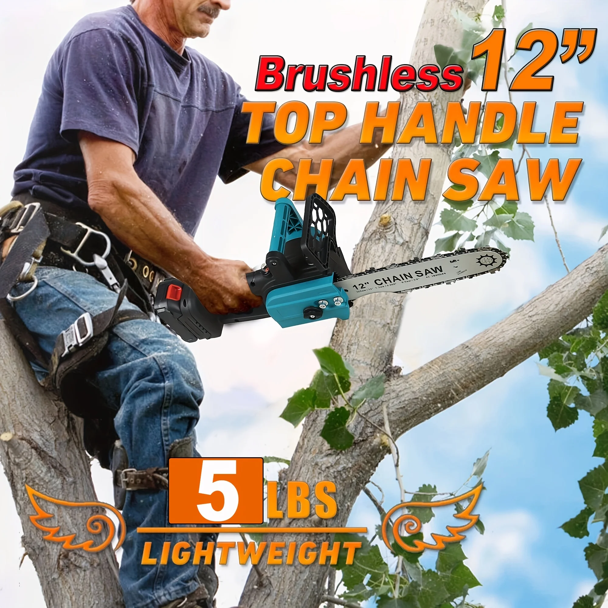 

Brushless 12 Inch Cordless Chainsaw , Battery Powered Hand Saw With Security Lock for Trees Branches Trimming Wood Cutting, Cour