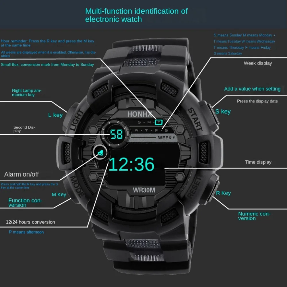 Водонепроницаемые спортивные часы высокого качества, простые повседневные цифровые часы, многофункциональные мужские часы со светодиодным экраном