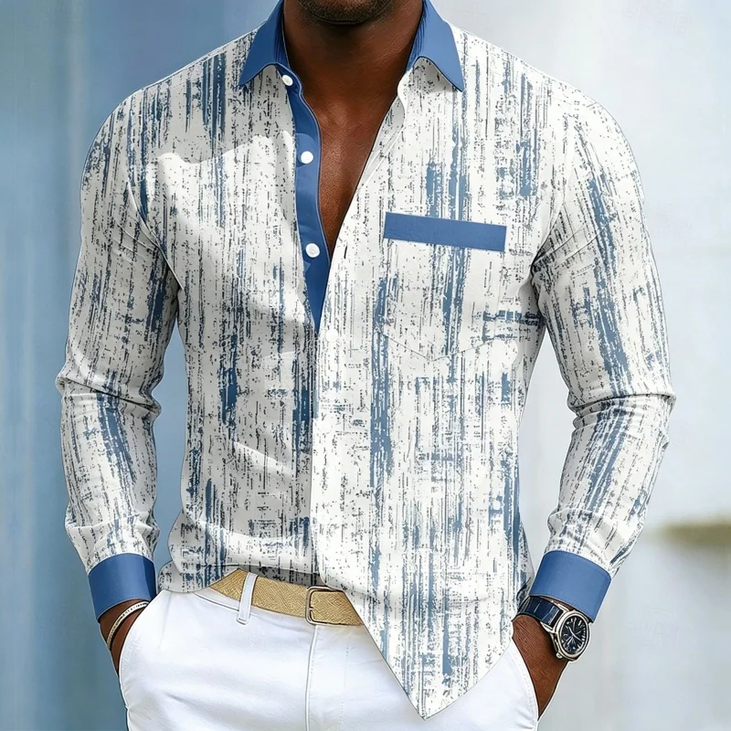 Men's high-quality long sleeved shirt with white and blue contrasting colors, trendy business casual long sleeved slim fit shirt