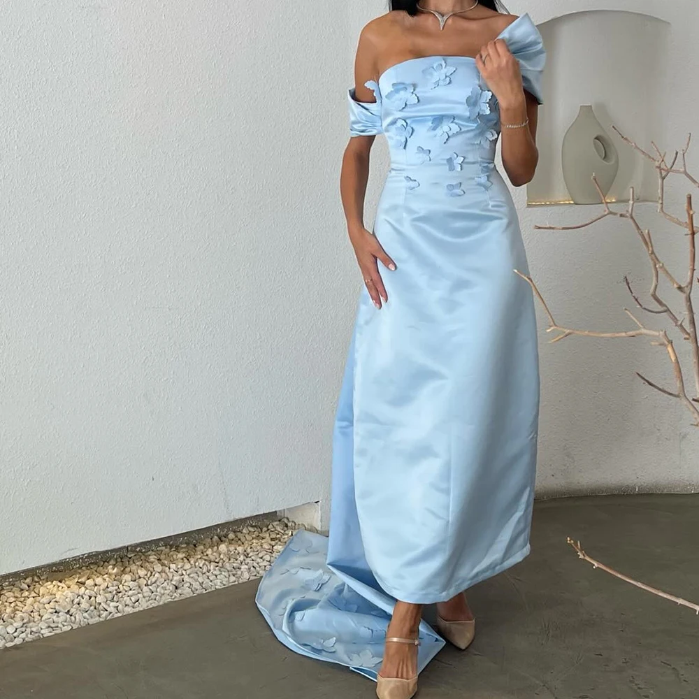 

High Quality Appliques Off the Shoulder Satin Evening Dresses Fashion Straight Ankle Length Short Sleeves Vestidos De Fiesta