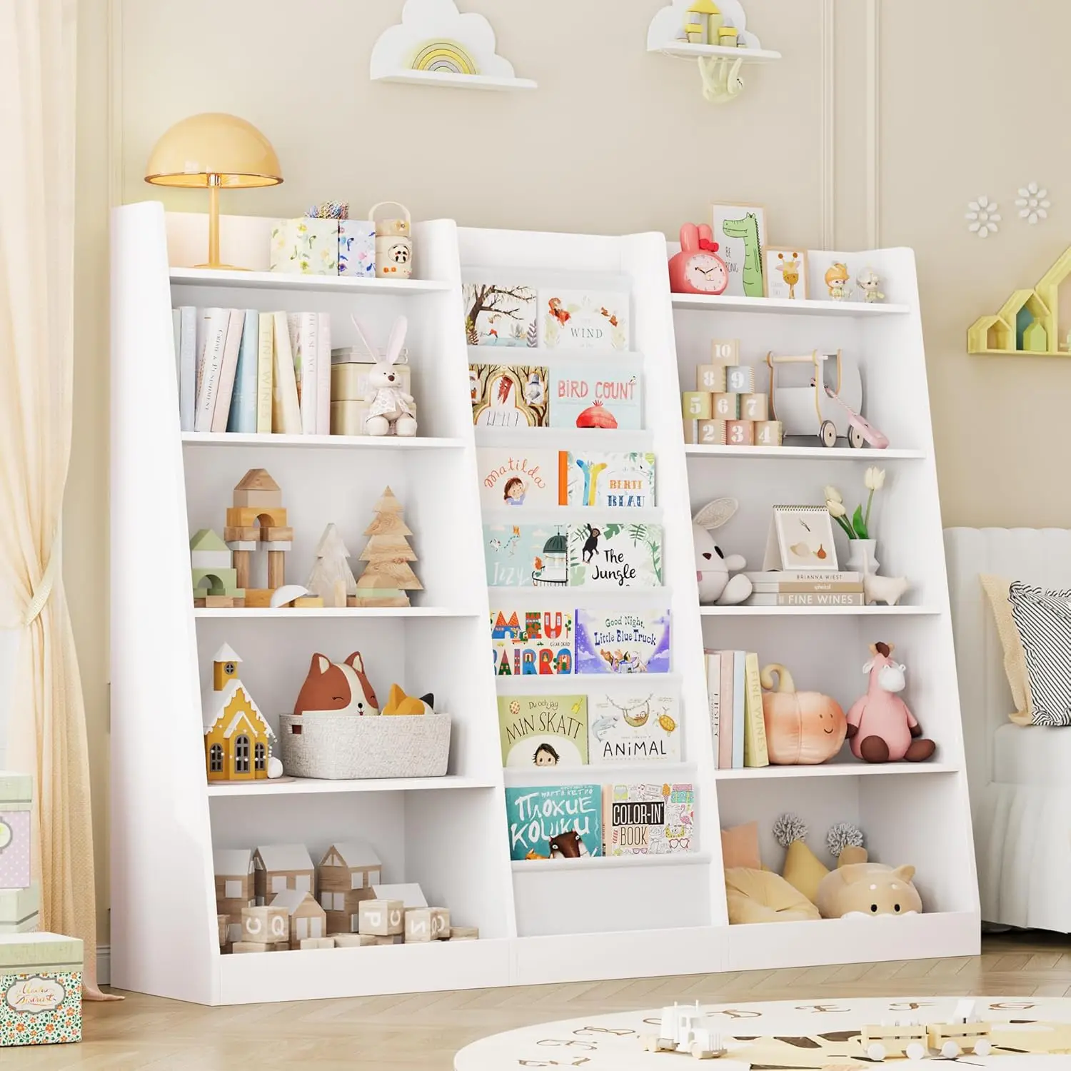 Étagère à livres en bois pour chambres d'enfants, super grande étagère à livres, 7 manches à élingue profonde, 10 supports en bois, rangement de jouets, 58 livres en effet