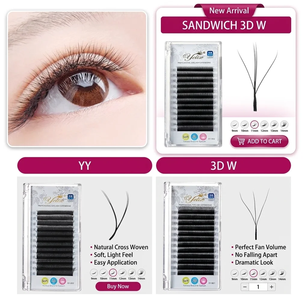Yelix Spike 3D-W/3D-W /YY Lashes Premade Volume Fans Eyelash Extensions Soft Natural 0.07 W/Y Shape Easy Pickup Individual Lash
