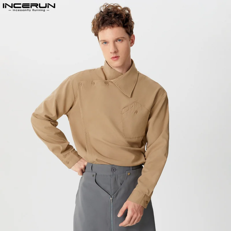 INCERUN-Blusa de manga larga para hombre, camisa informal de estilo Simple, con solapa Diagonal, color sólido, S-5XL