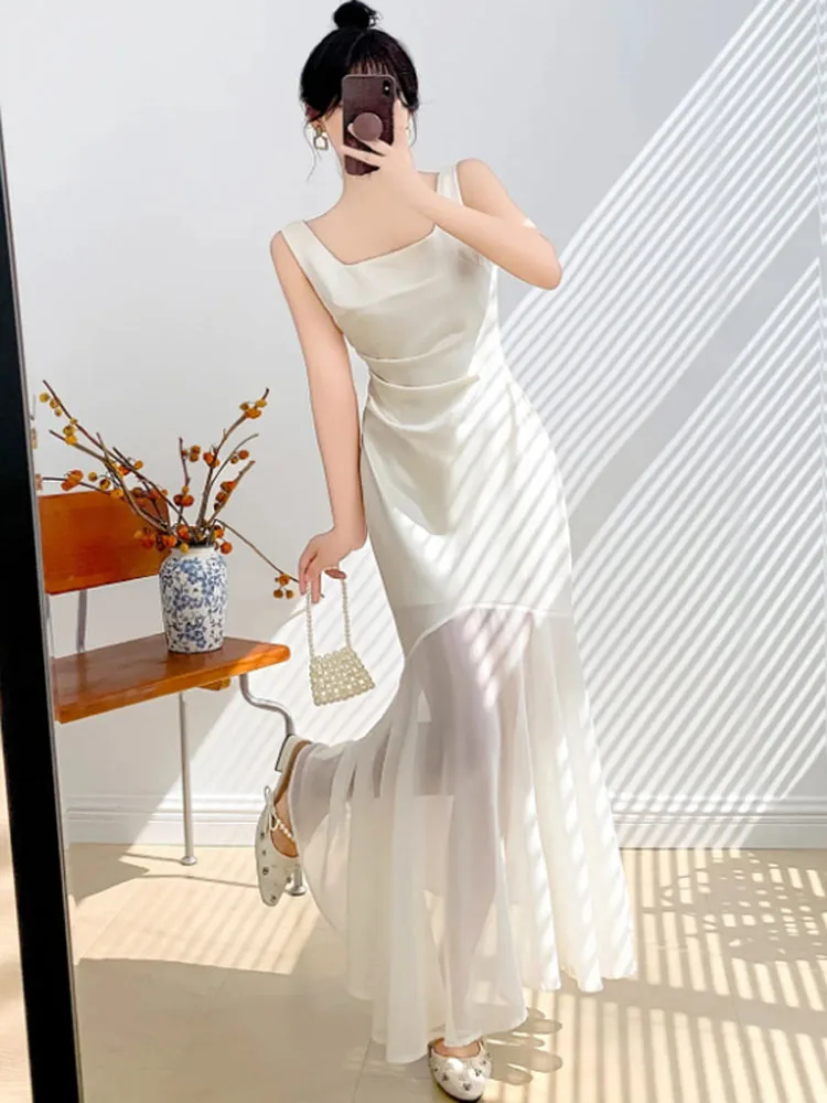 여성 우아한 화이트 새틴 베스트 이브닝 파티 드레스 섹시 루치드 슬림 여성 쉬폰 스플라이싱 러플 머메이드 드레스 2025