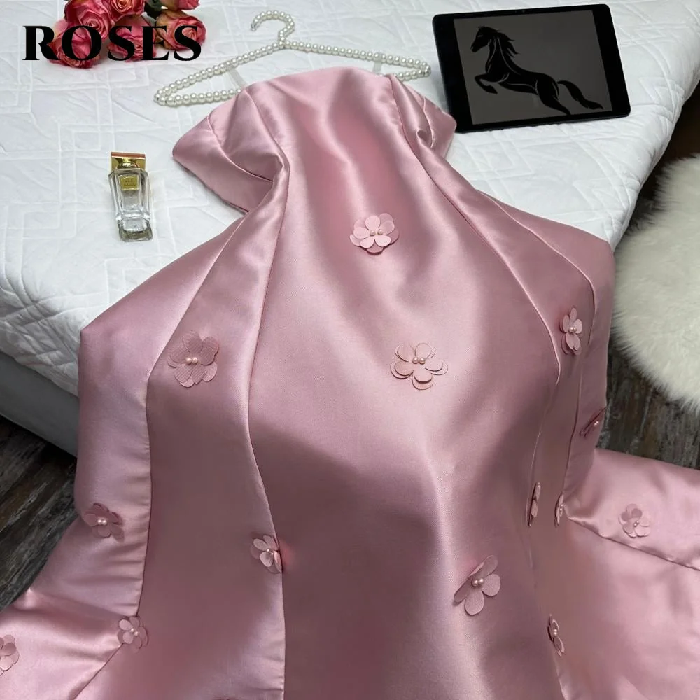 ROSES Roze Vlek Galajurk Strapless Elegante Celebrity Jurk met Applicaties 3D Bloem Plooien Dames Avondjurk Aangepast