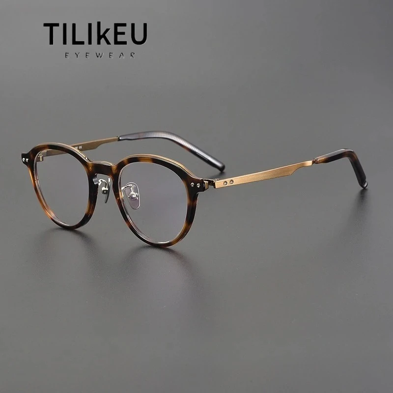 

Top Quality Vintage Tortoiseshell Acetate Oval Frame Pure Titanium Eyeglasses Frame Men Women Trend Full Brim Designer Eyewear