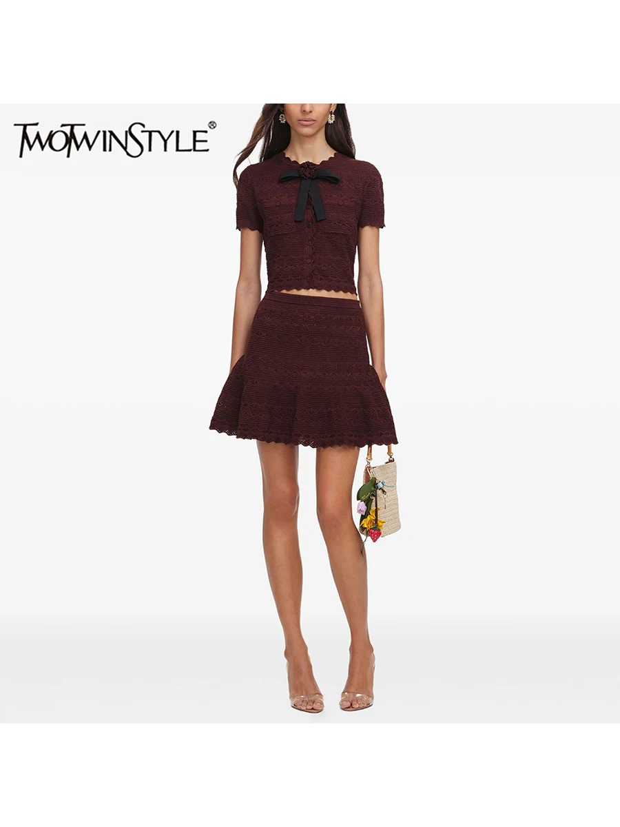 

TWOTWINSTYLE Spliced Floral Two Piece Sets for Women O Neck Short Sleeve Top High Waist Mini Skirt Kintted Set Female Fashion