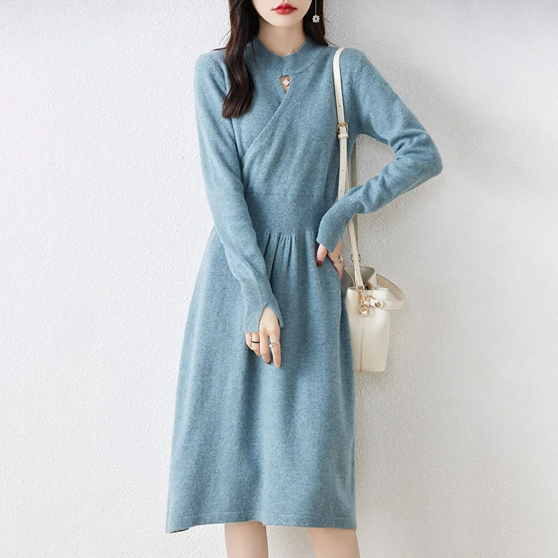 Fall/Winter Wool Knitted Dress Women\'s Half-high Neck Long Waist Sweater Skirt Loose 100% Wool Over-the-knee Skirt