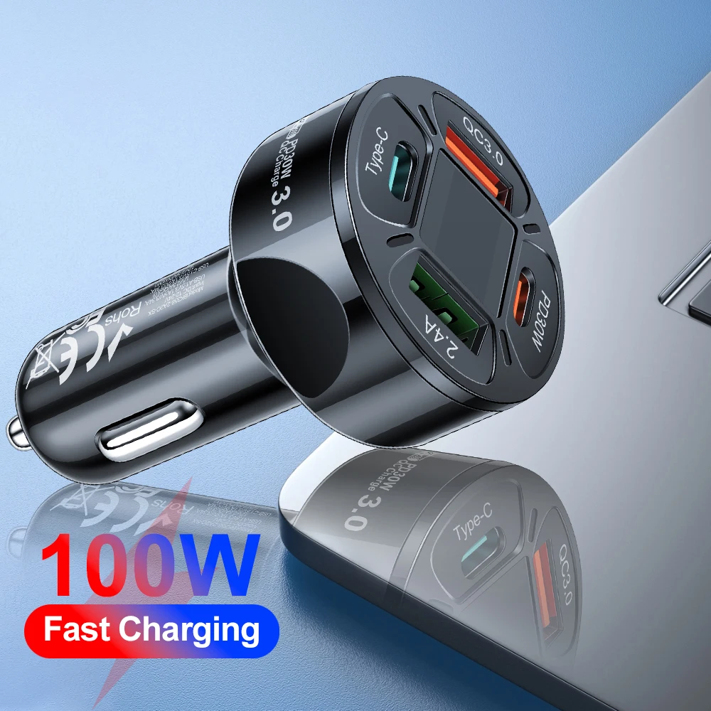 Total 100W USB Car Charger 4 Ports Type C PD Fast Quick Charging Power Adapter Digital Display for Huawei IPhone Xiaomi in Car