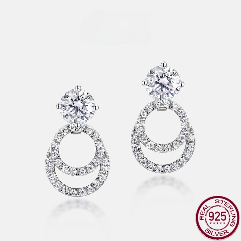 

Новые серьги из стерлингового серебра S925 с муассанитом и двойным кольцом, геометрические серьги, модные свадебные украшения в европейском и американском стиле