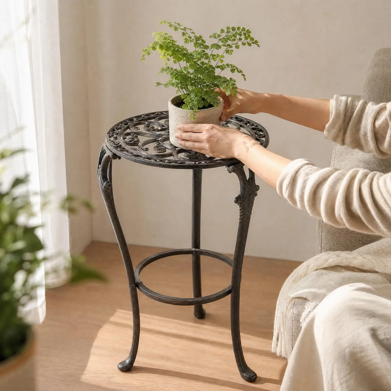 Antique Iron Rotating Flower Stand Decorative Plant Holder for Potted Greenery Balcony