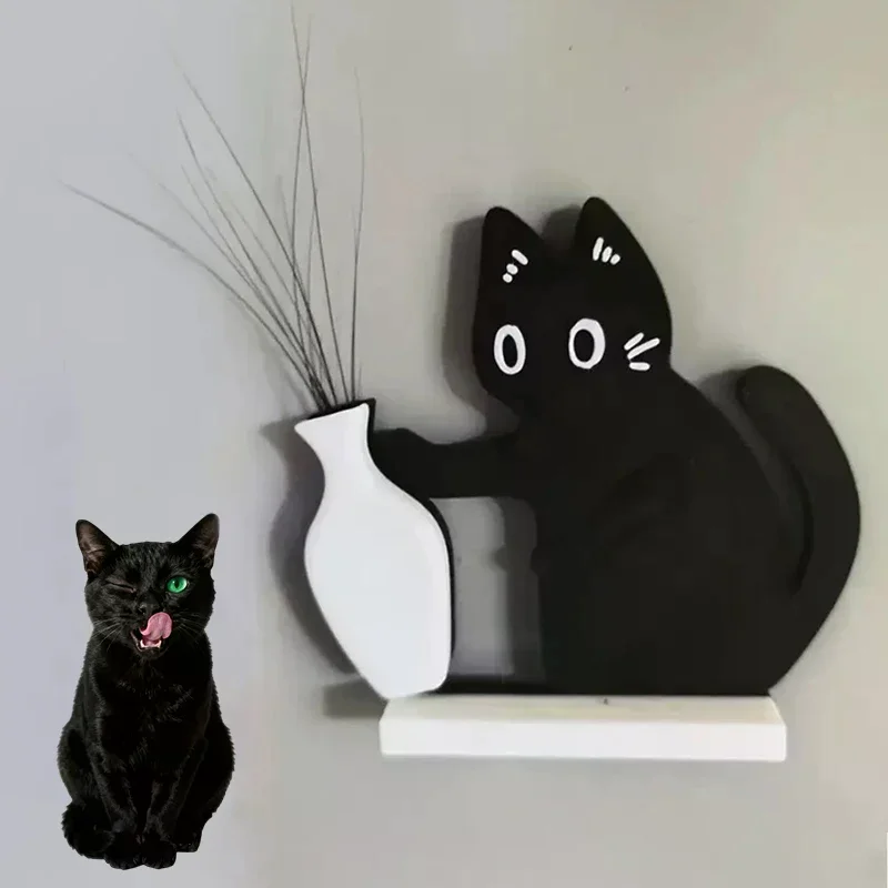 Black Cat Pushing Vase Decor Cat Whisker Collection & Memorial Box Fridge Magnet Home Office Decor Perfect Gift For Cat Lovers