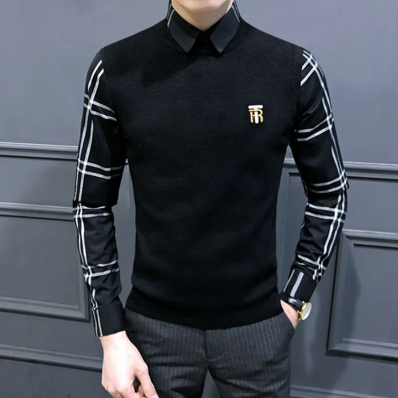 High-quality Men’s Fake Two Pieces Shirt,Spring And Autumn Knit Dress,Slim-fit Long Sleeve Shirt;Stripes Decors Knitwear;