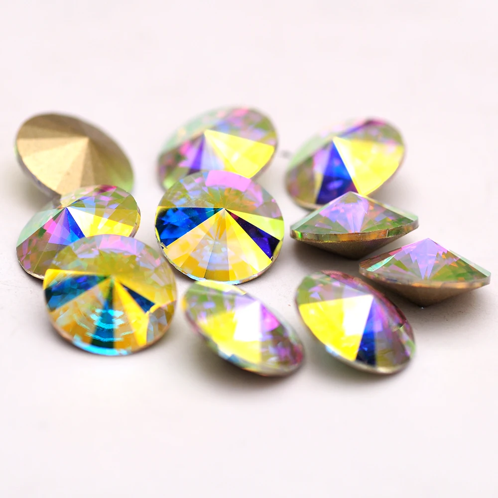 10pcs New K9 Rivoli Fancy Stones Round Crystal Glass Pointed Rhinestones Loose Beads For Garment Applique Jewelry Decoration