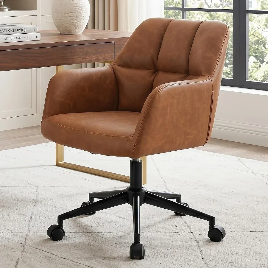 Brown Leather Desk Chair Office Chair with Mid Back Support Armrest, Adjustable-Height 360 Swivel Rolling Task Chair Home Offic