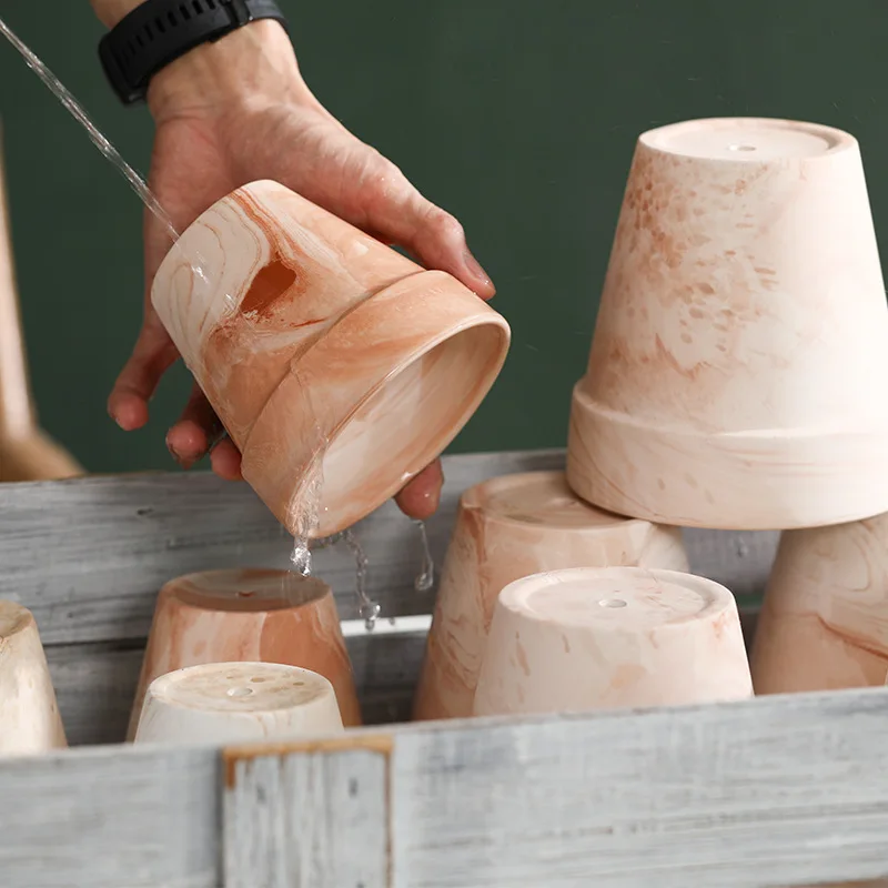 1PC Natural Flower Pot Gradual Change Red and White Pottery Mixing Soil Vegetarian Burning Breathable Water Absorbing