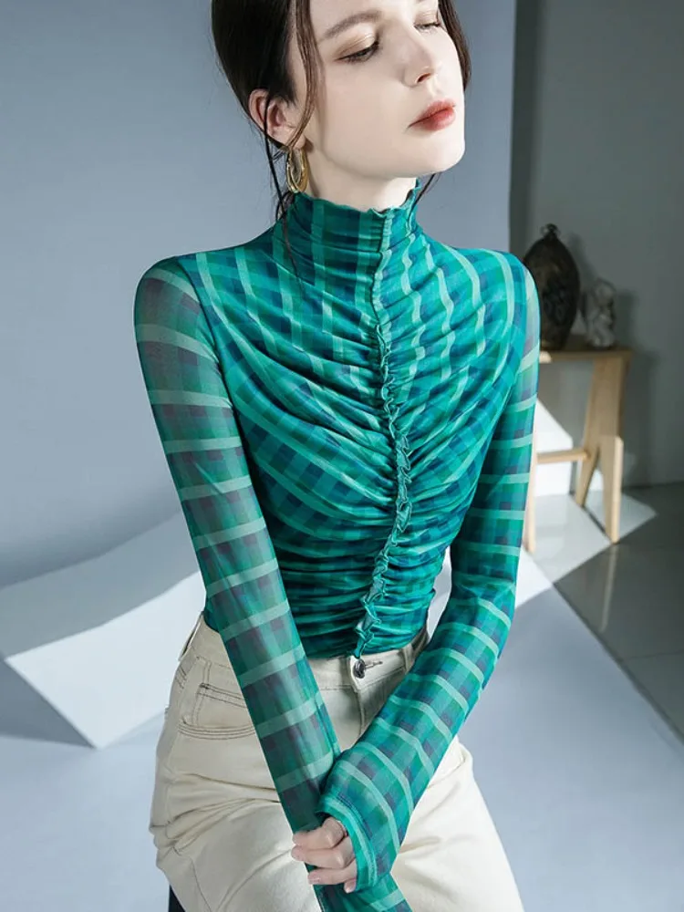 Bonboho Women's Aqua Green Grid High Neck Top Sheer Long Sleeves Slim T-shirt Pleated Front Elegant Undershirts 2026 New