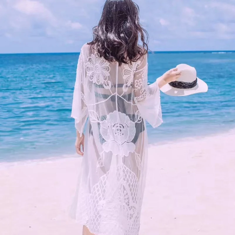 Mùa hè Phơi Ngoài Nắng Không Phai Cardigan Kimono Thời Trang Phụ Nữ Ren Bikini Bìa Up Phụ Nữ Blouse Áo Dài Lưới Khăn Choàng Outwear Blusas feminina