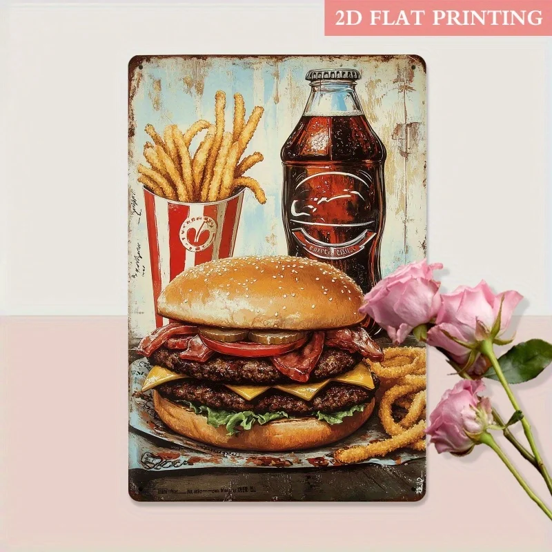 2D Flat, 2D Vintage Metal Signage 2D Flat, 2D Flat 1pc, Burger And Fries Metal Decorative Sign, 20x30cm Vintage Aesthetics,  Din