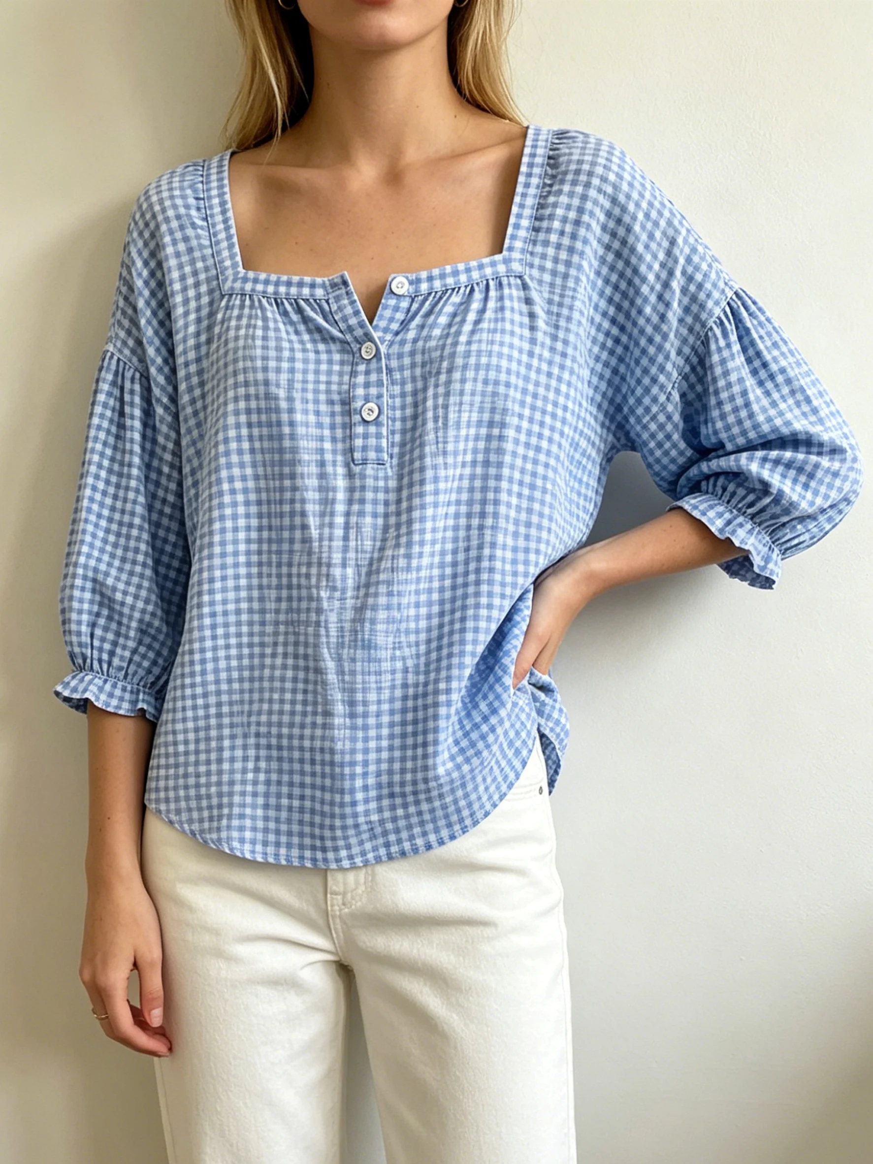 Casual Daily Square Collar Tops Half Button Lantern Elastic Cuff Ladies Blouse grid pattern Shirts view 4