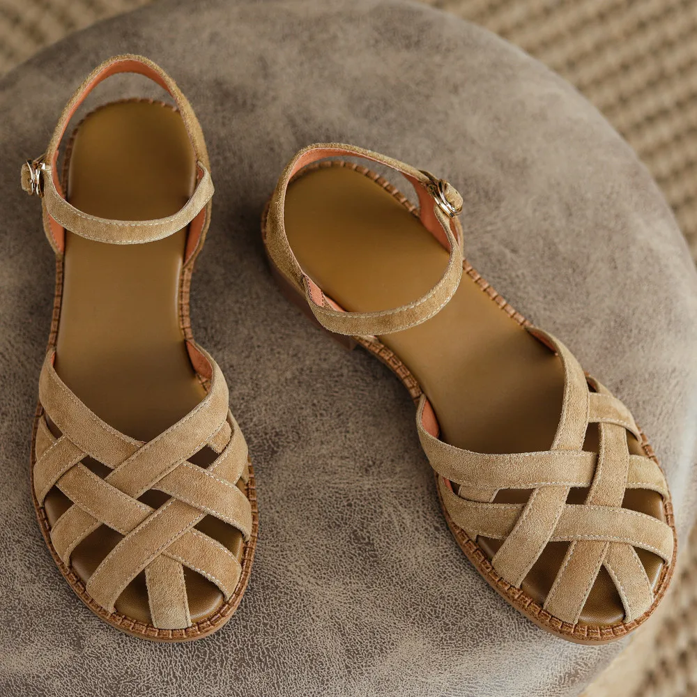 Women\'s natural suede leather round toe narrow band cross strap Braided cage Roman style flats sandals casual female daily shoes