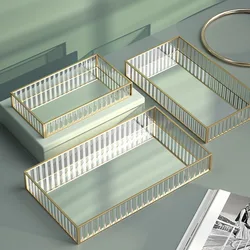 New Striped Glass Storage Tray Rectangle Dresser Cosmetic Storage Box Desktop Storage Box Metal Frame Mirror Tray Home Decor