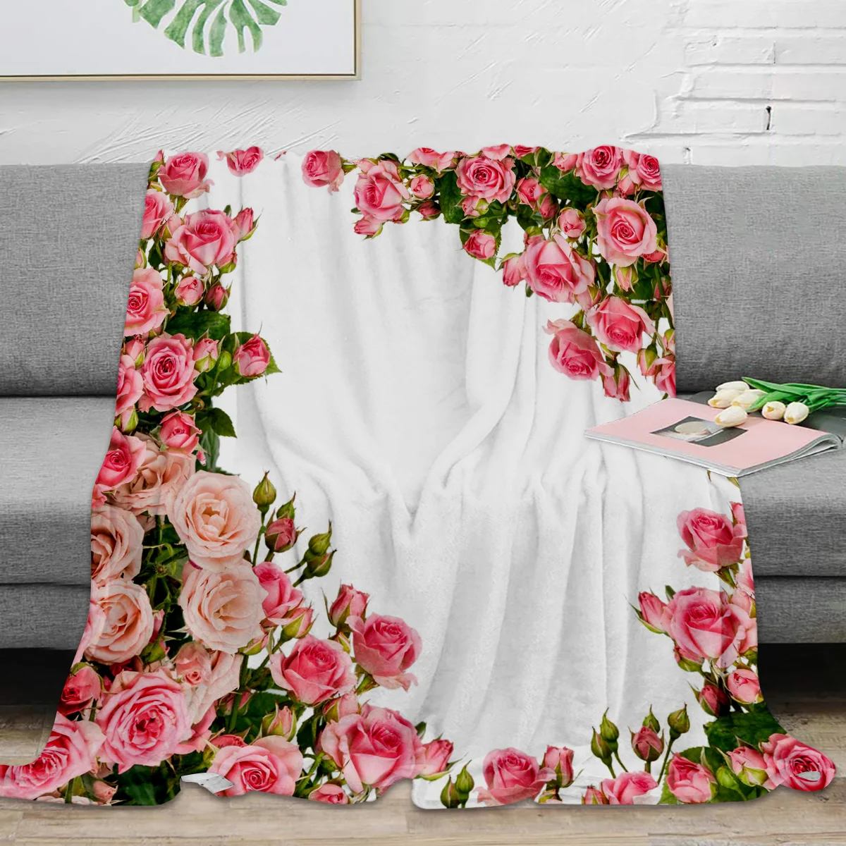 Pink Rose Flower Bouquet White Throw Blanket Portable Warm Blanket Blankets For Beds Home Decor Sofa Blanket