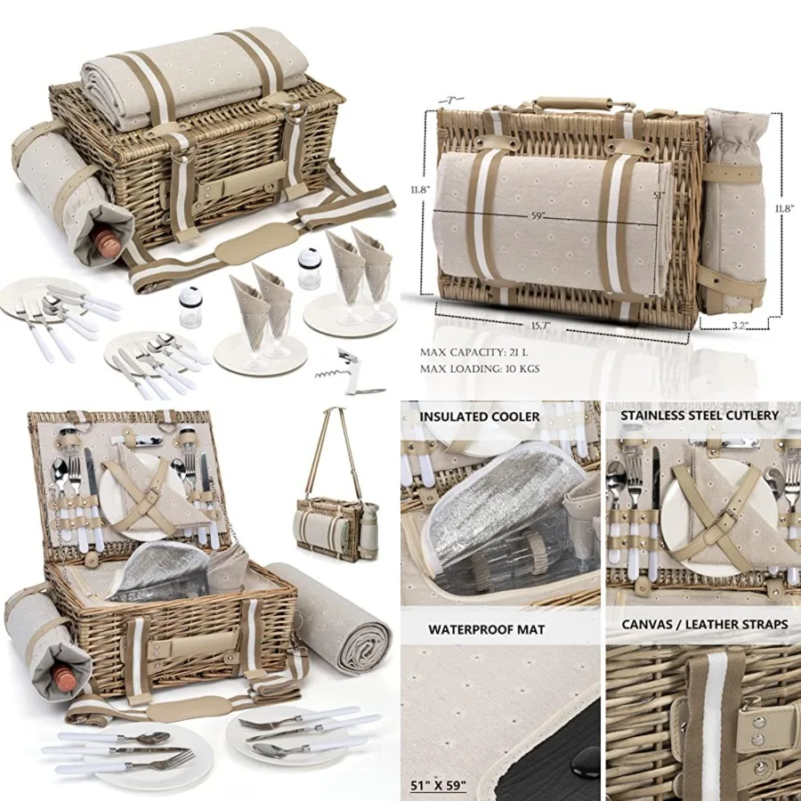 

31Pcs Picnic Basket Set for 4 with Insulated Liner and Waterproof Blanket Wine Pouch, Large Wicker Picnic Hamper for Camping, O